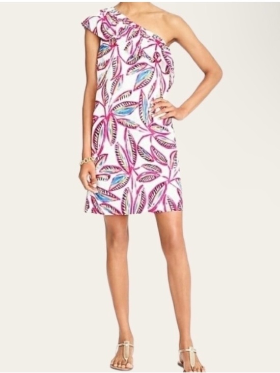 J. Crew Dresses & Skirts - J. Crew One-Shoulder Leaf-Print Shift Dress in Pink & Blue Size Small NWT